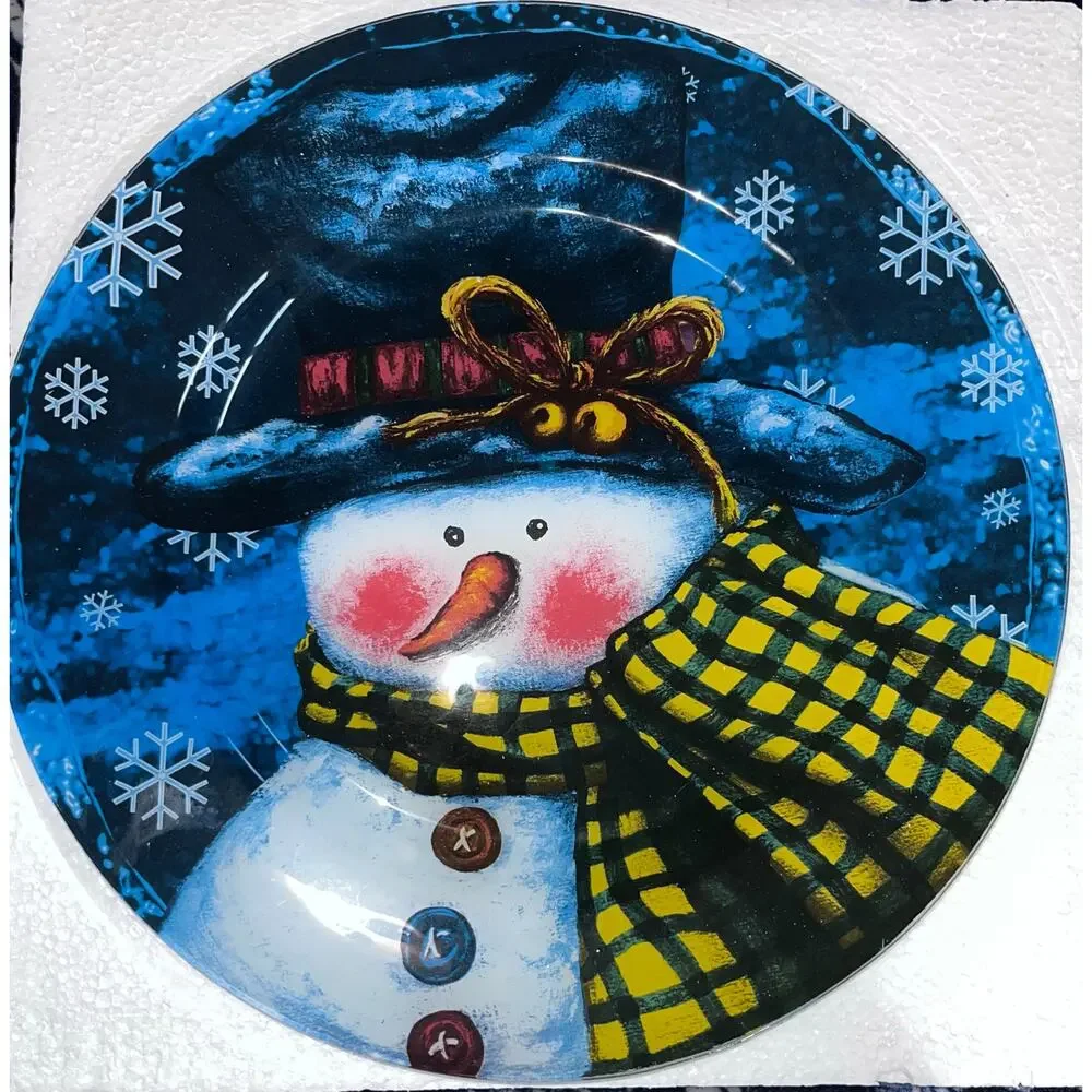 Vintage Snowman Christmas Holiday Glass Platter and Server set